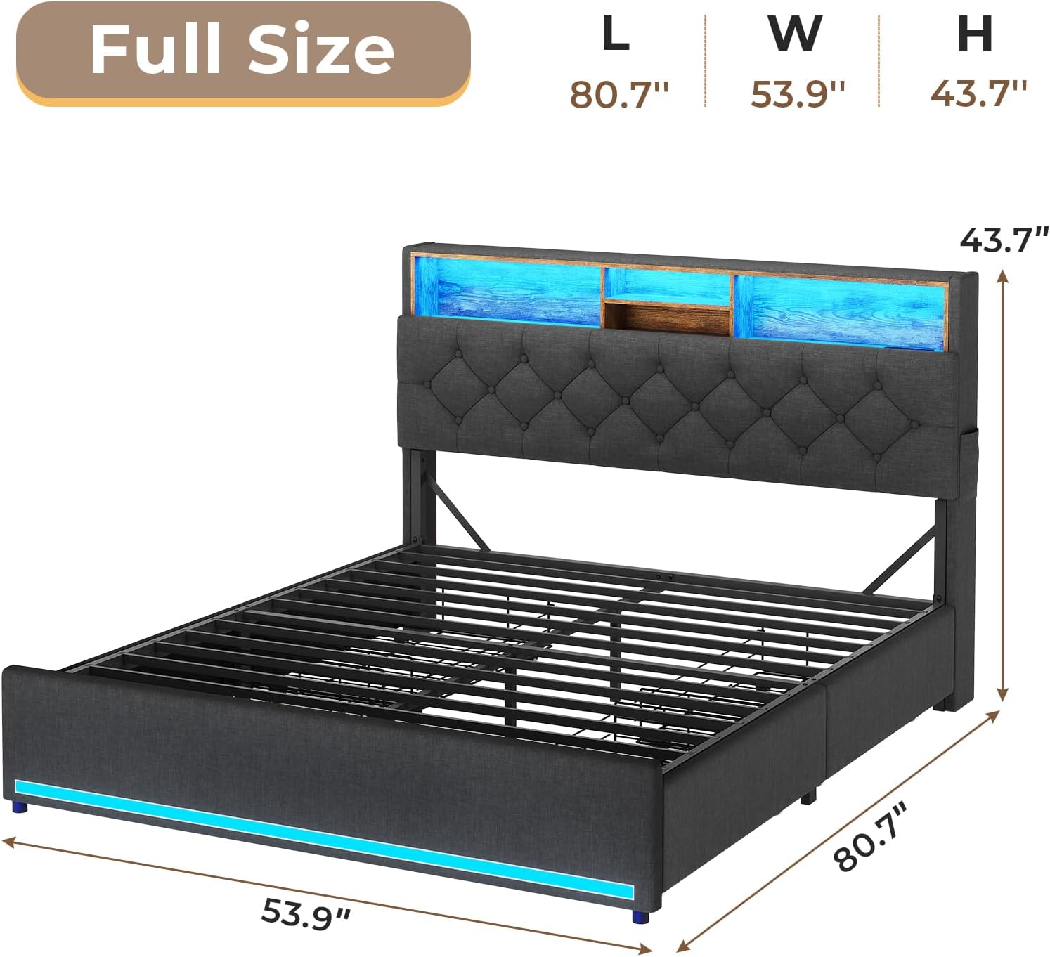 HAUOMS Full Size Bed Frame with Hidden Storage Headboard and 4 Drawers, Upholstered Platform Bed Full with LED Lights & Charging Station, No Box Spring Needed, Noise-Free, Dark Grey