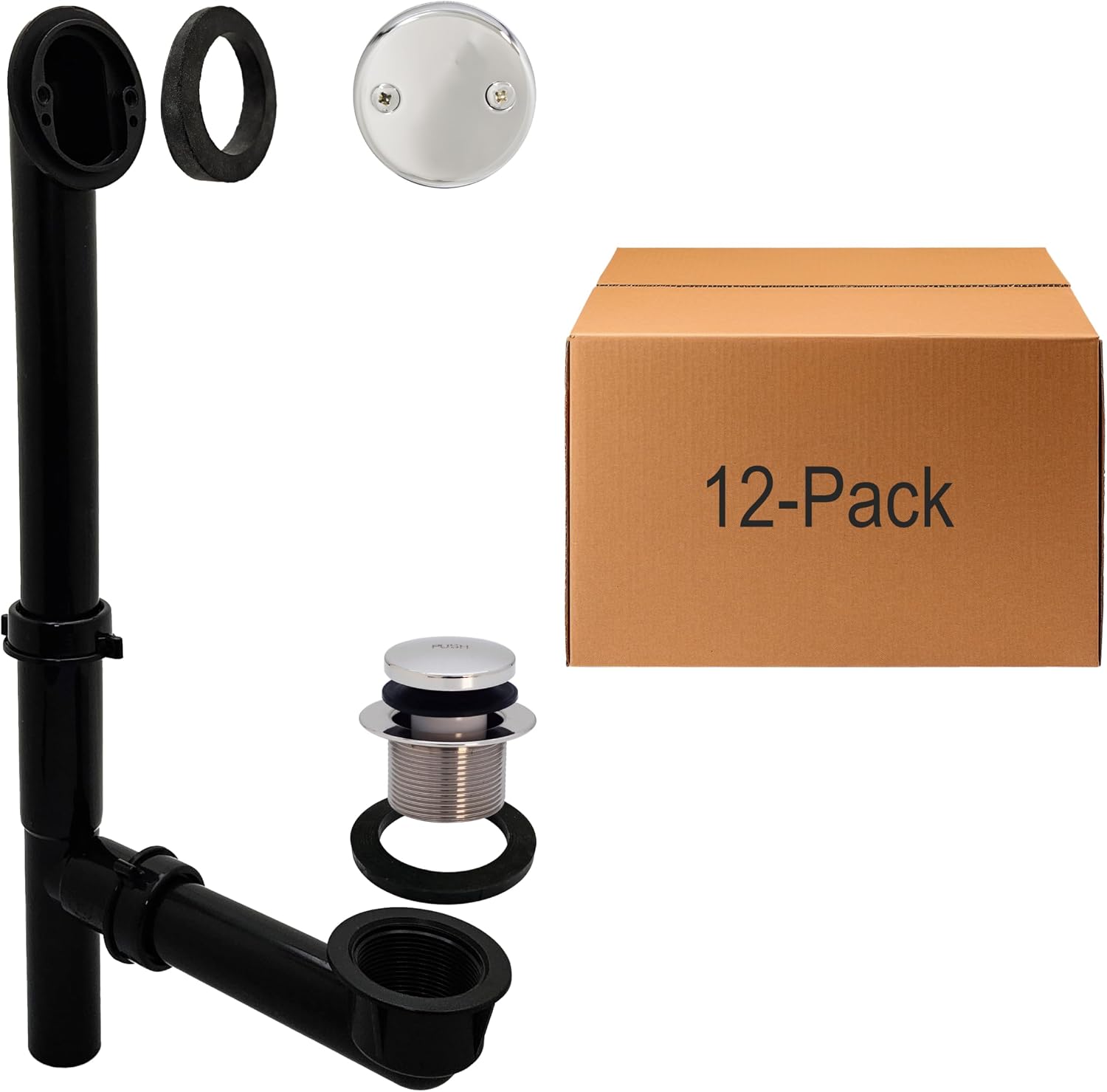Westbrass Y593144CP-12 14' Black Tubular Bath Waste & Overflow Assembly with Tip-Toe Drain Plug and Two-Hole Faceplate, Polished Chrome (12-Pack)