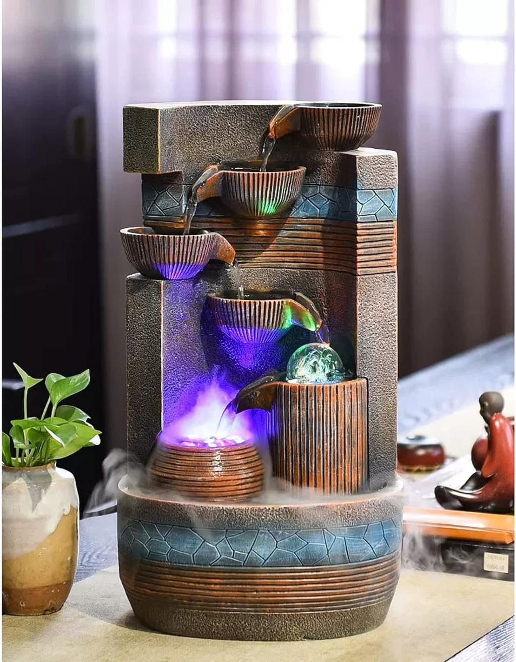 HIHELO Desktop Fountain Indoor Tabletop Fountain Decoration Tiered Bowl Waterfall Design Quiet and Soothing Water Sound for Home Office Water Fountain Outdoor