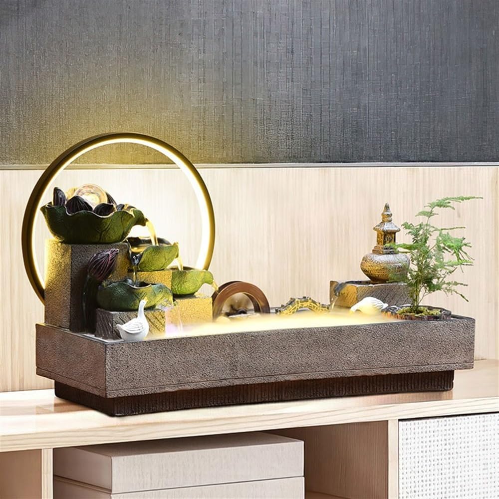 GRFIT Indoor Fountain Zen Ornament for Desk, Lotus Landscape, Flowing Water Ornament, Circulating Water Fountain Tabletop Fountain