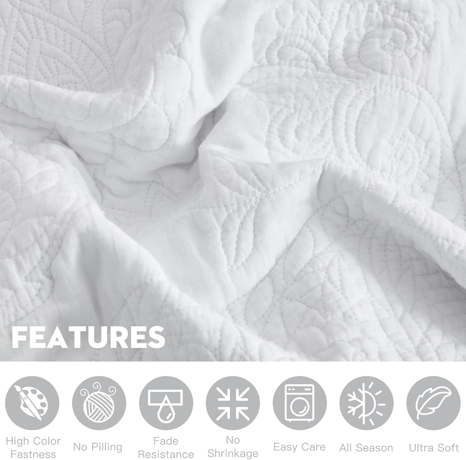 Oversized Queen Bedspread Cotton, Reversible Paisley Pattern Design, Lightweight Bedding Cover, 5 Piece Set - Queen, Pure White