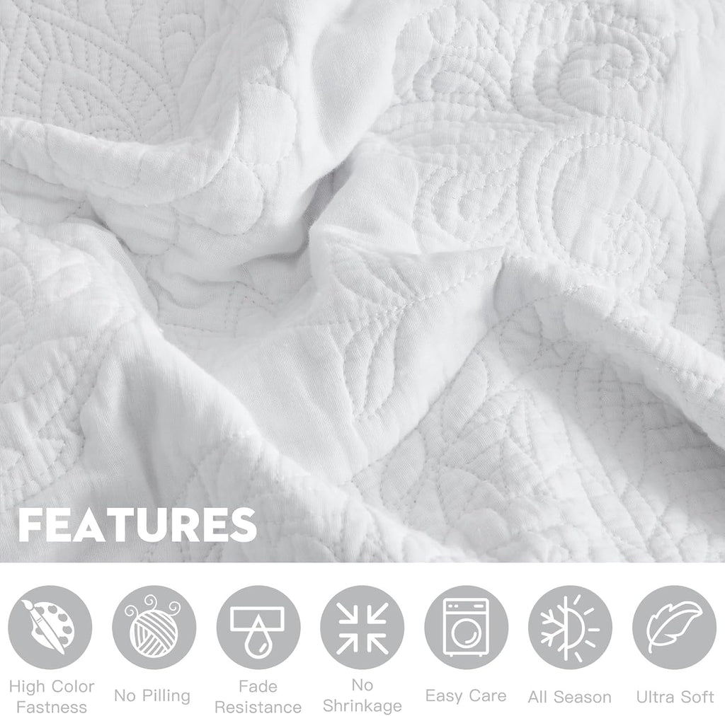 Oversized King Bedspread Cotton, Reversible Paisley Pattern Design, Lightweight Bedding Cover, 5 Piece Set, Pure White