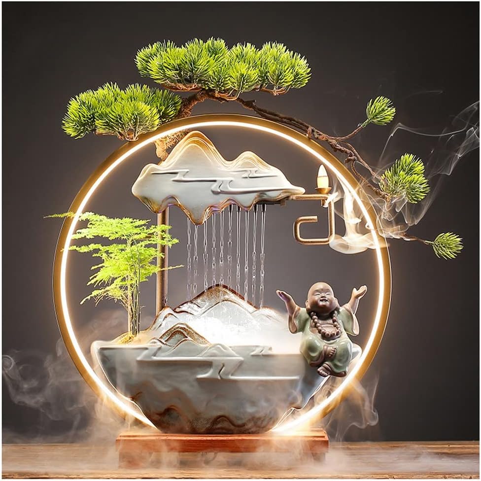 HIHELO Desktop Fountain Tabletop Fountain Ceramic Lucky Flowing Water Ornament Desktop Circulation Fountain Office Desktop Decoration Water Fountain Outdoor (Color : B)