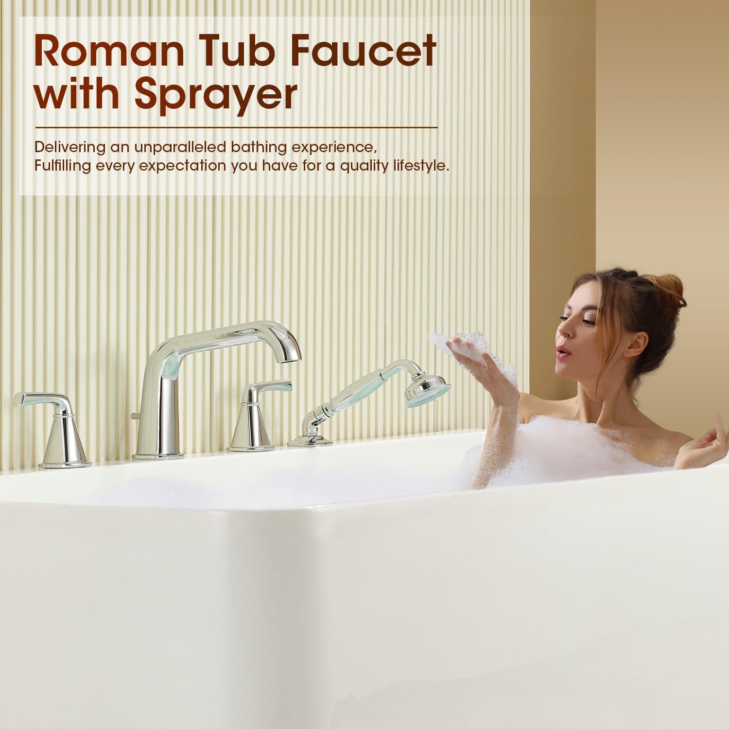 Roman Bathtub Faucet with Sprayer, Qinkell Tub Faucet Set with Valve, 4 Hole Deck Mount Tub Faucets, 2 Handle High Flow Tub Filler with Hand Shower and Supply Lines Polished Chrome