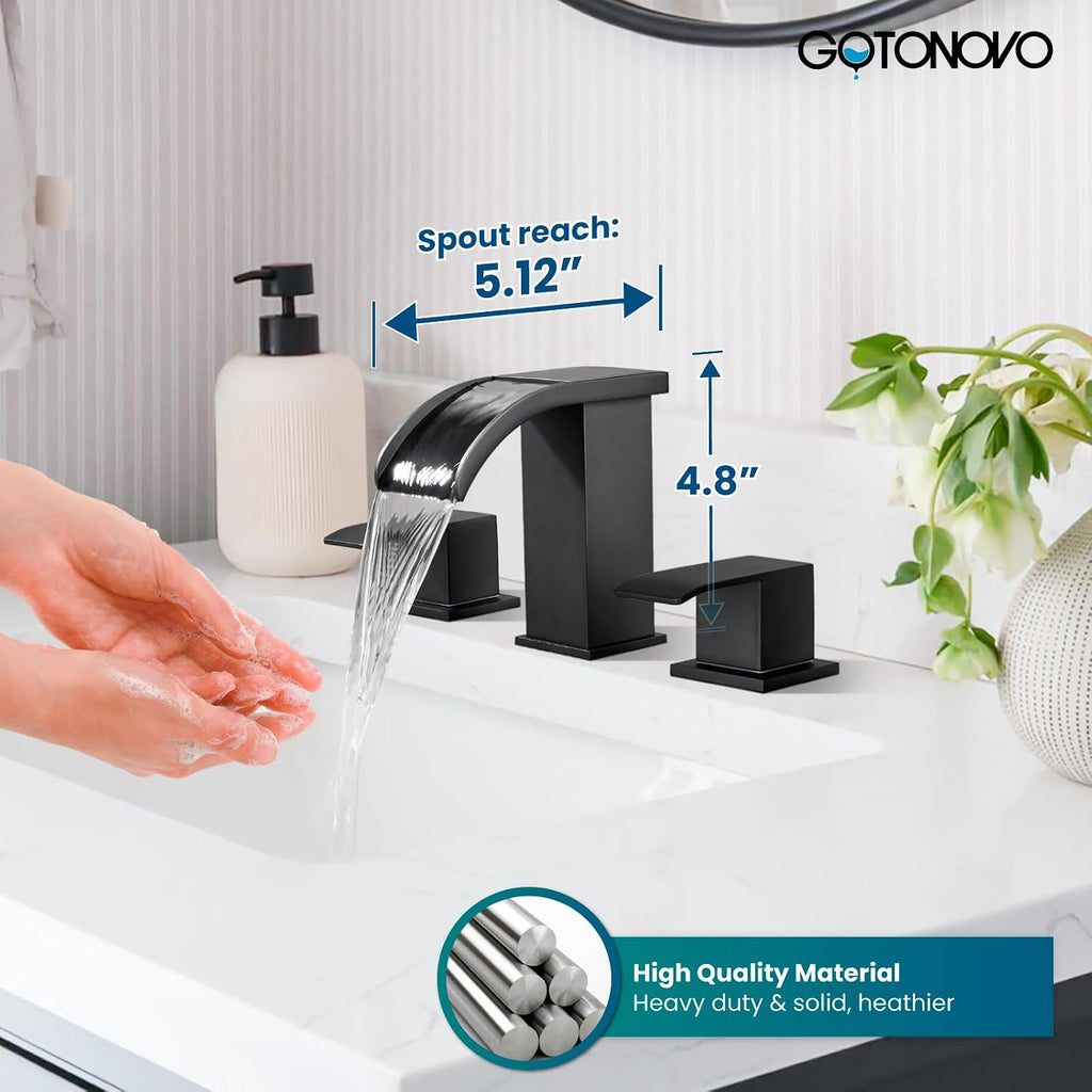 gotonovo Waterfall 8 inch Widespread Bathroom Faucet Set 3 Hole 2 Handle Deck Mount with gotonovo 2 Handles Tub Shower Faucet Set with 6 Modes Handheld Spray Shower System with Tub Spout Matte Black