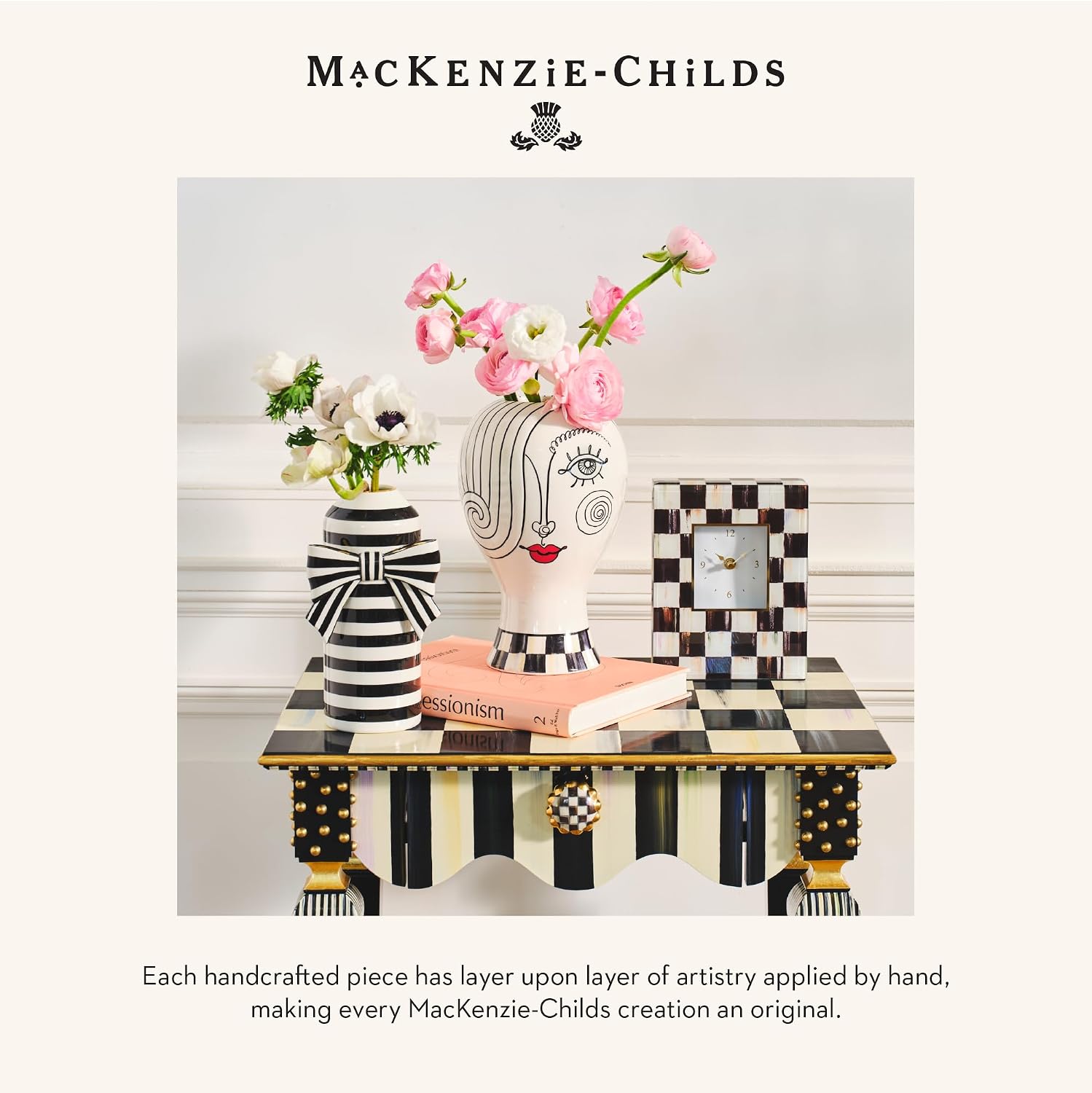 MACKENZIE-CHILDS Quatriflower Small Wall Mirror, Diamond Mirror Wall Decor, Black-and-White Courtly Check