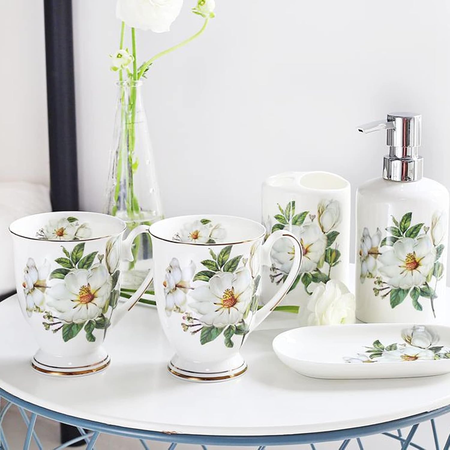 Bathroom Accessories Set 5 Piece Modern Ceramic Bathroom Accessory Set with Soap Dispenser, Tumbler Toothbrush Holder Dish 4pcs Victorian Decor(D)
