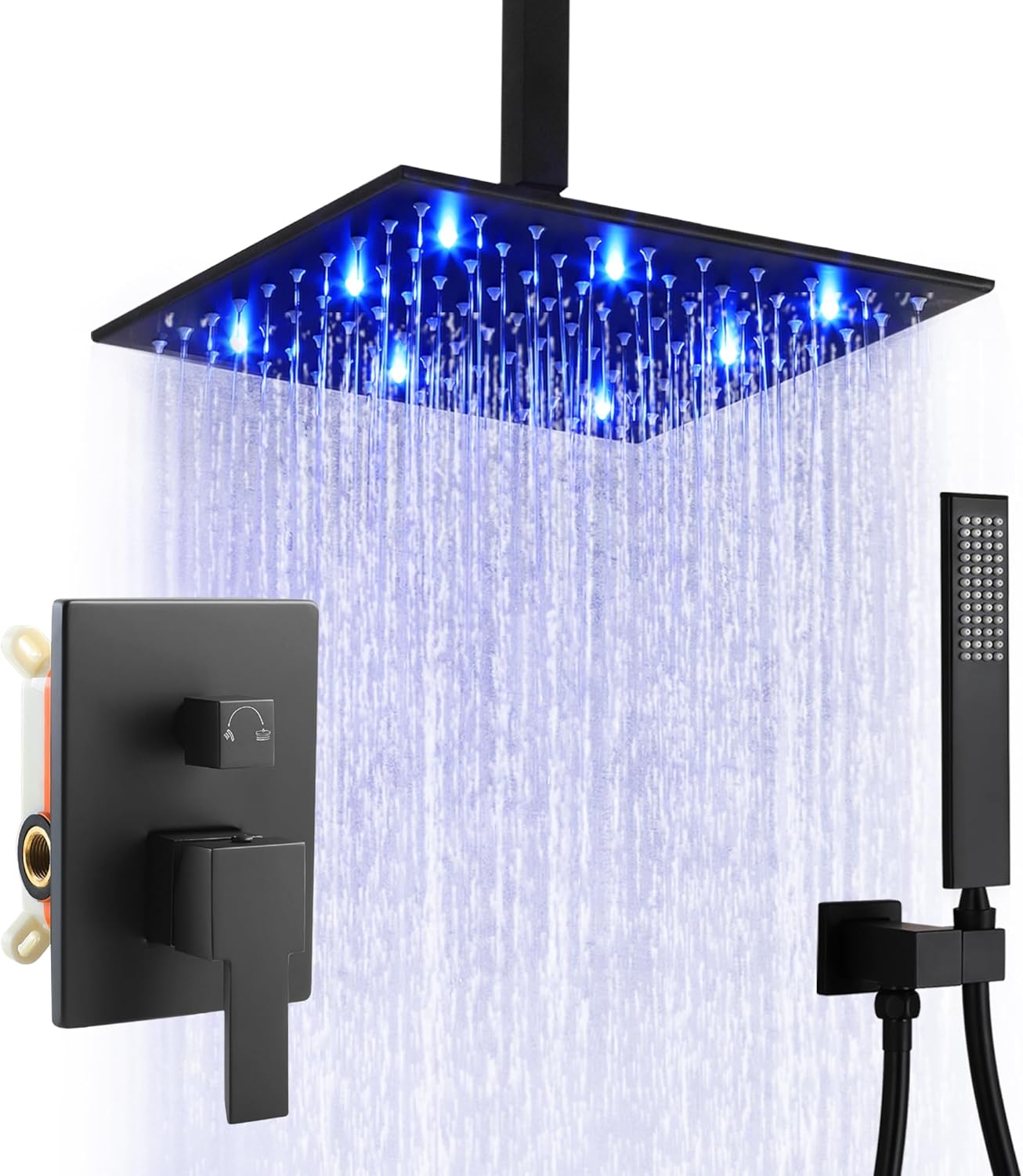 SKOWLL Shower Faucets Sets Complete Ceiling Mount 12 Inch LED Shower Head System with Handheld, Bathroom Rainfall Shower Fixtures Valve Kit, 3 Color Changing Showerhead, Matte Black