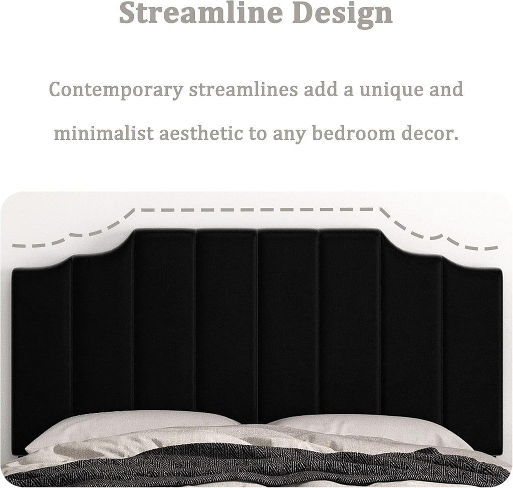 Befurtori Queen Size Headboard Only, Velvet Wall Mounted Headboard Queen Size for Adjustable Bed, Modern Vertical Channel Design with Curved Tufted Upholstered Head Board and Luxury Soft Padded, Black