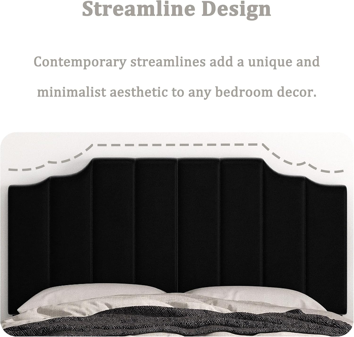 Befurtori Queen Size Headboard Only, Velvet Wall Mounted Headboard Queen Size for Adjustable Bed, Modern Vertical Channel Design with Curved Tufted Upholstered Head Board and Luxury Soft Padded, Black