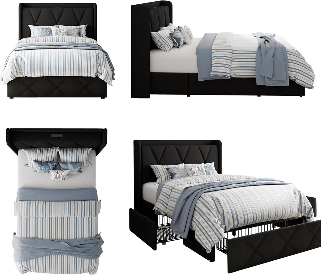 GalnFu Twin Bed Frame with 4 Large Storage Drawers, Upholstered Platform Bed with Charging Station, Modern Wingback Storage Headboard, Easy Assembly,Noise-Free, Black