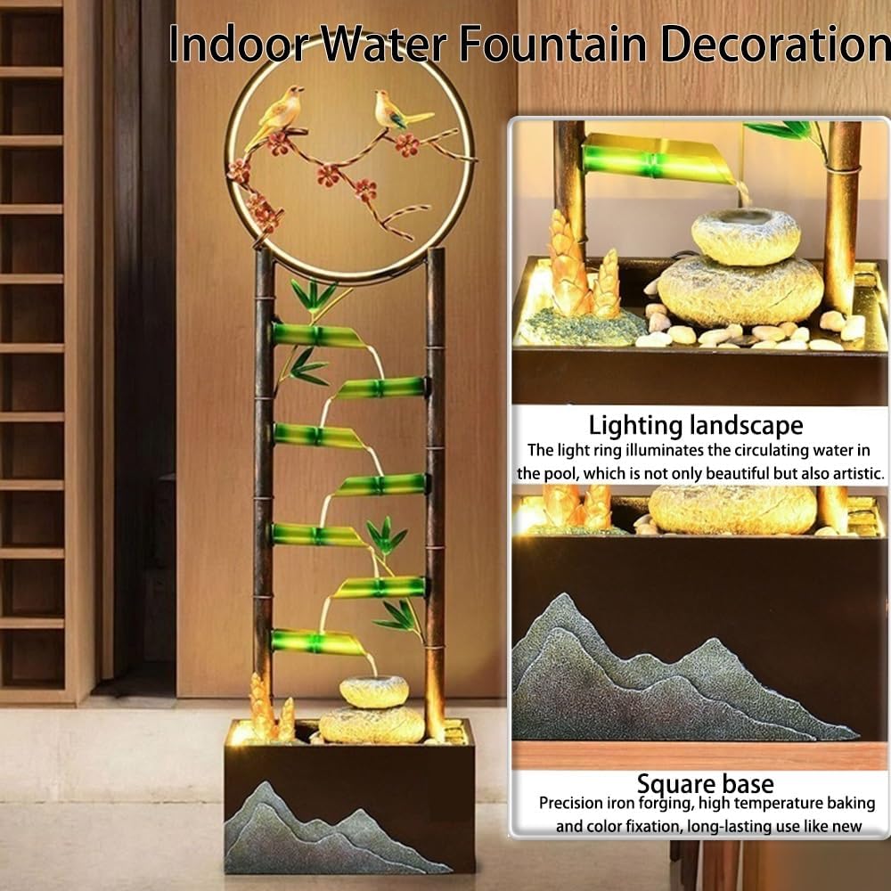 51.6'' Tall Indoor Water Fountain with LED Lights, Metal Floor Standing Water Fountain Home Decorative for Office, Study Room, Tea Room, Yoga Room, Beauty Club Decor