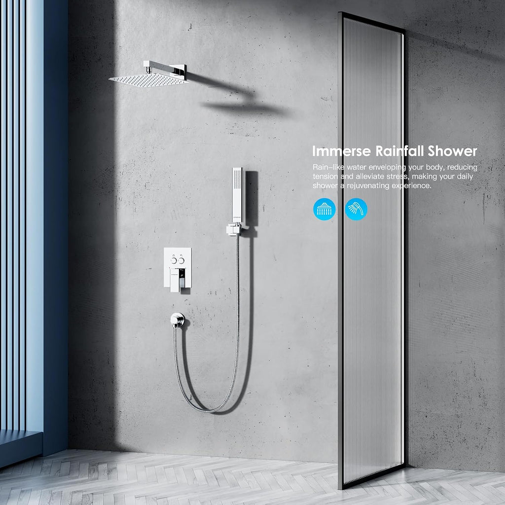 Shower System Shower Faucet Set with Push-Button Diverter and Wall Supply Elbow 10 Inch Shower Head Polished Chrome