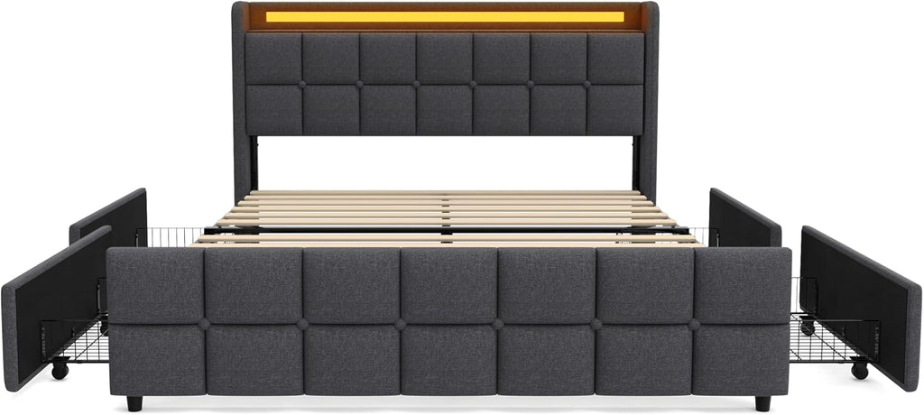 Modern LED Storage Bed with Charging Station All-Metal Platform Bed Frame Featuring 2-Tier Headboard, 4 Storage Drawers, and Easy Assembly(201-Gray, Full)