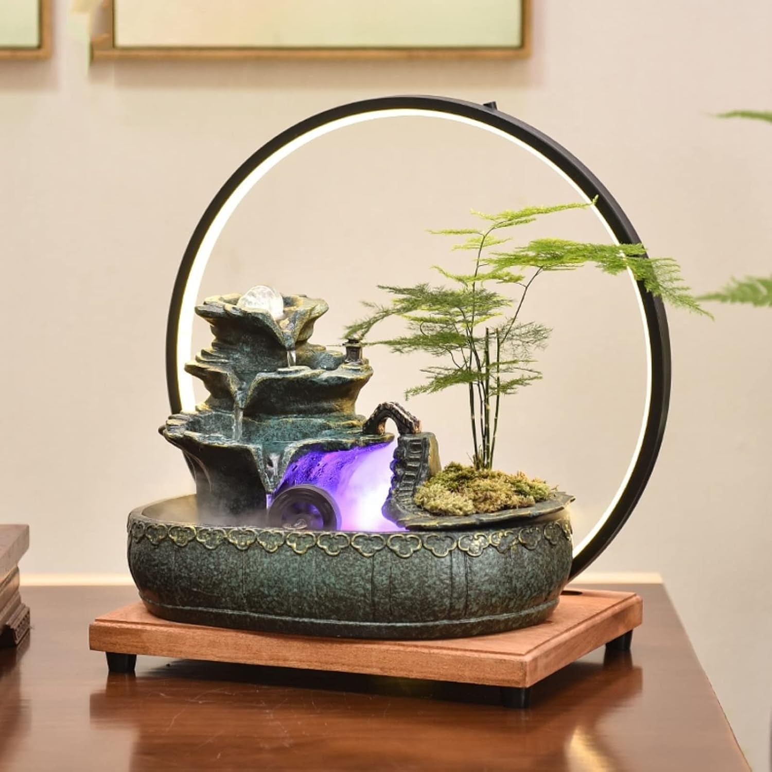 3-Tier Ceramic Tabletop Fountain with LED Lights - Stylish Indoor Water Feature for Home & Office Decor