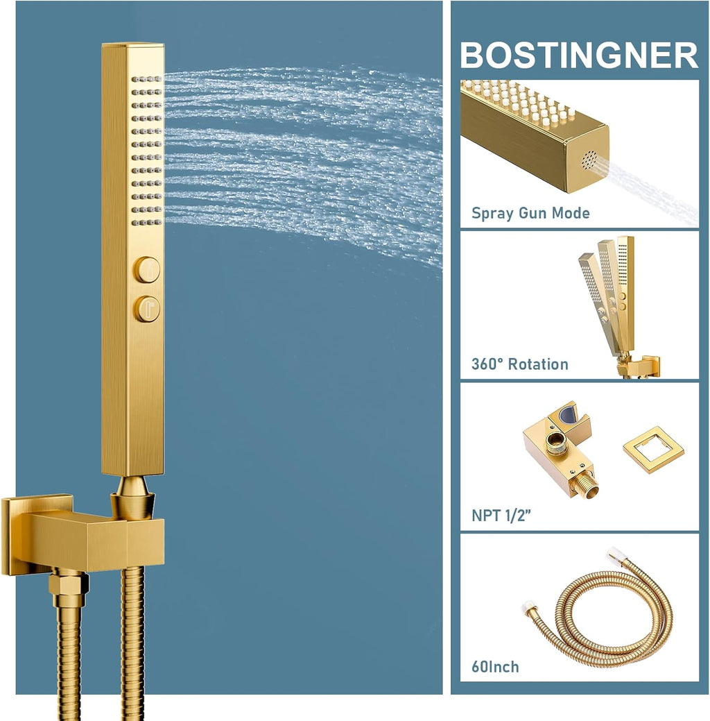 Shower System Brushed Gold Shower Faucets Sets, Bostingner 10' Rain Shower Head with 2 In 1 Handheld Spray and 4 Body Jets, Wall Mounted All Metal 3 Way Shower Set with Rough-in Valve and Trim Kit