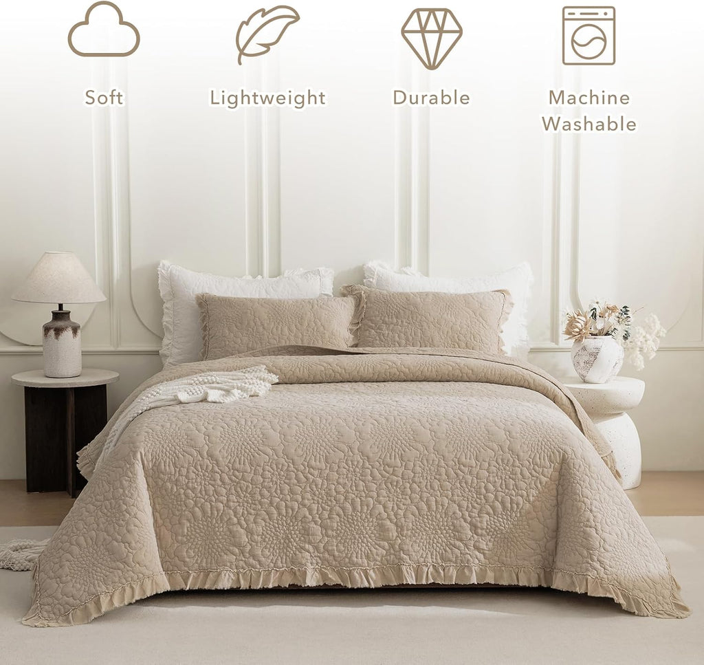 QSH Dark Wheat Stonewashed Cotton Oversized King Quilt Bedspread Set(128'x120'),3PCs Farmhouse Ruffled Bedspread California King,Shabby Soft Lightweight Crinkled Quilt Coverlet Bed with Pillow Shams