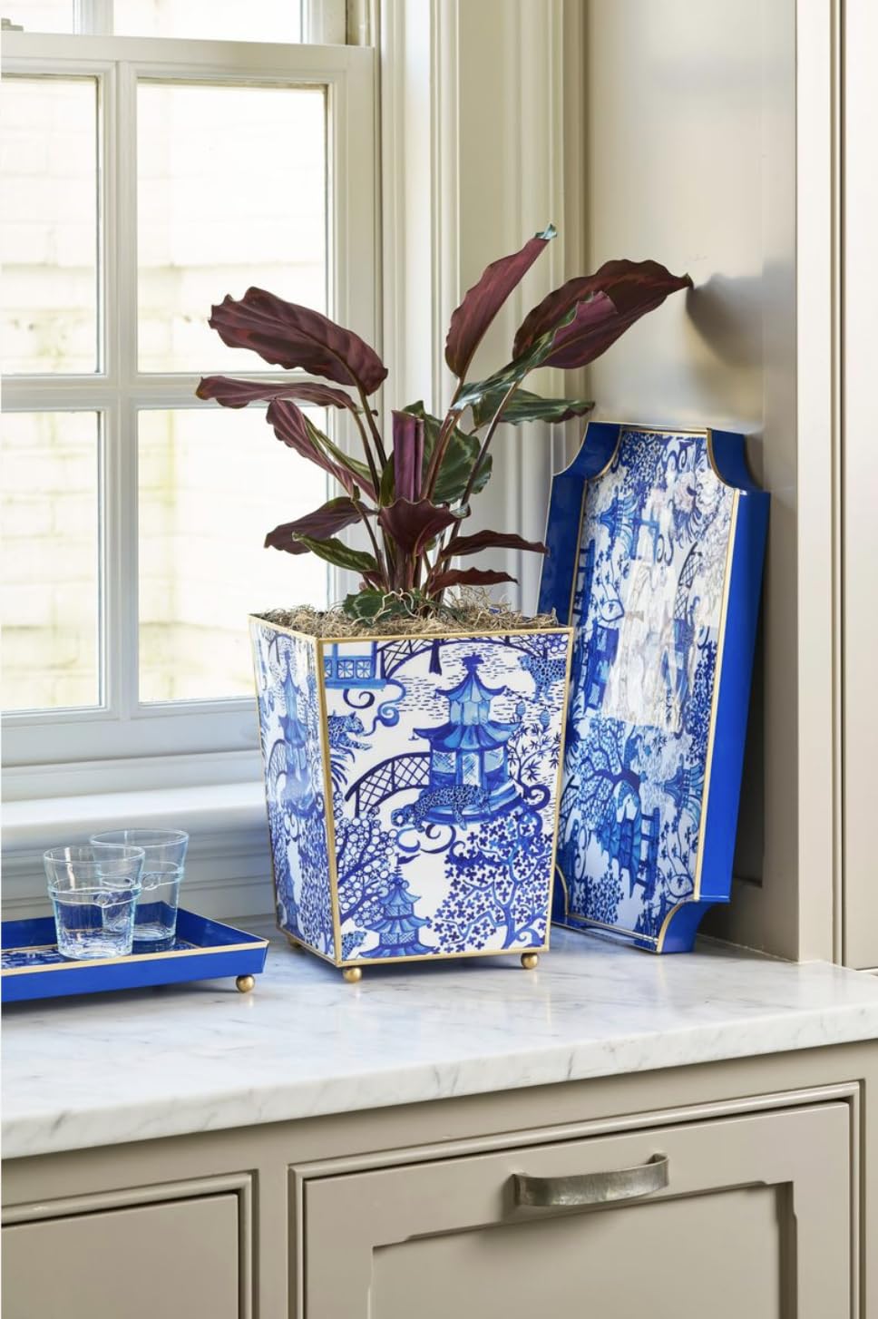 Jaye's Studio Garden Party Decorative Gold Waste Basket for Bathroom Trash Can no Lid, Bedroom Garbage Can Square Office Trash Bin, Vanity Enamel White & Blue Bathroom Trash Can Gold Feet, 9 inch Wide