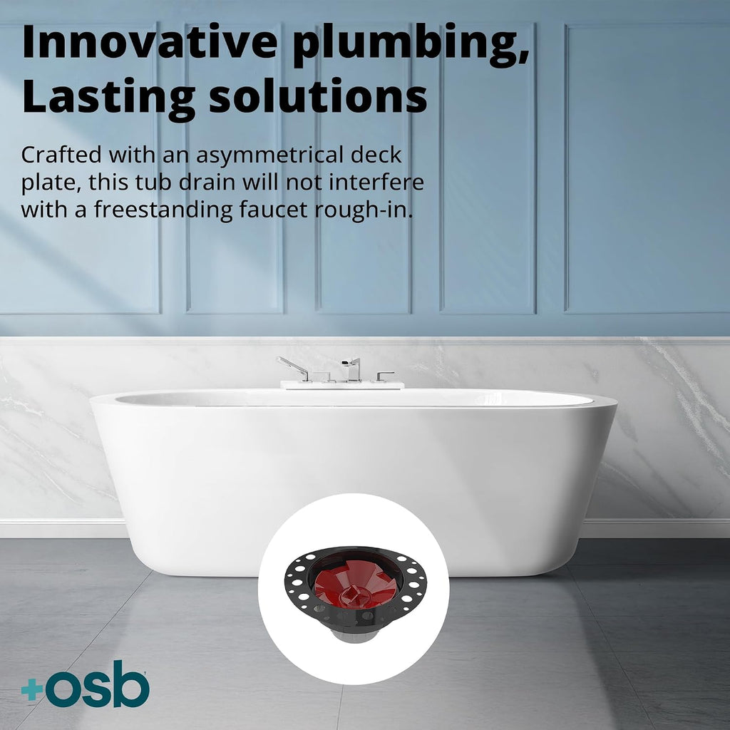 OS&B ITD5135 - Two Piece PVC Pipe Freestanding Tub Drain Kit & Rough-In - Easy Installation, Asymmetrical Deck Plate, Water, Air, & Smoke Testable - Designed for 8'/10' Joist Spaces & Tight Bathrooms