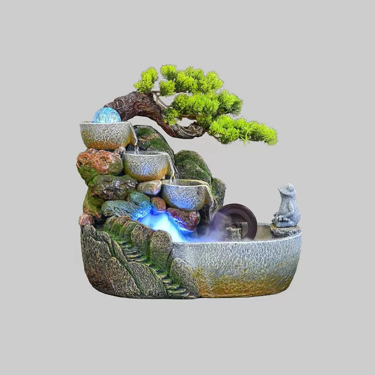 HIHELO Desktop Fountain Indoor Tabletop Fountain Waterfall Zen Meditation Indoor Waterfall Function with Automatic Pump Artificial Tree and Lighting Waterfall Water Fountain Outdoor (Size : Small)