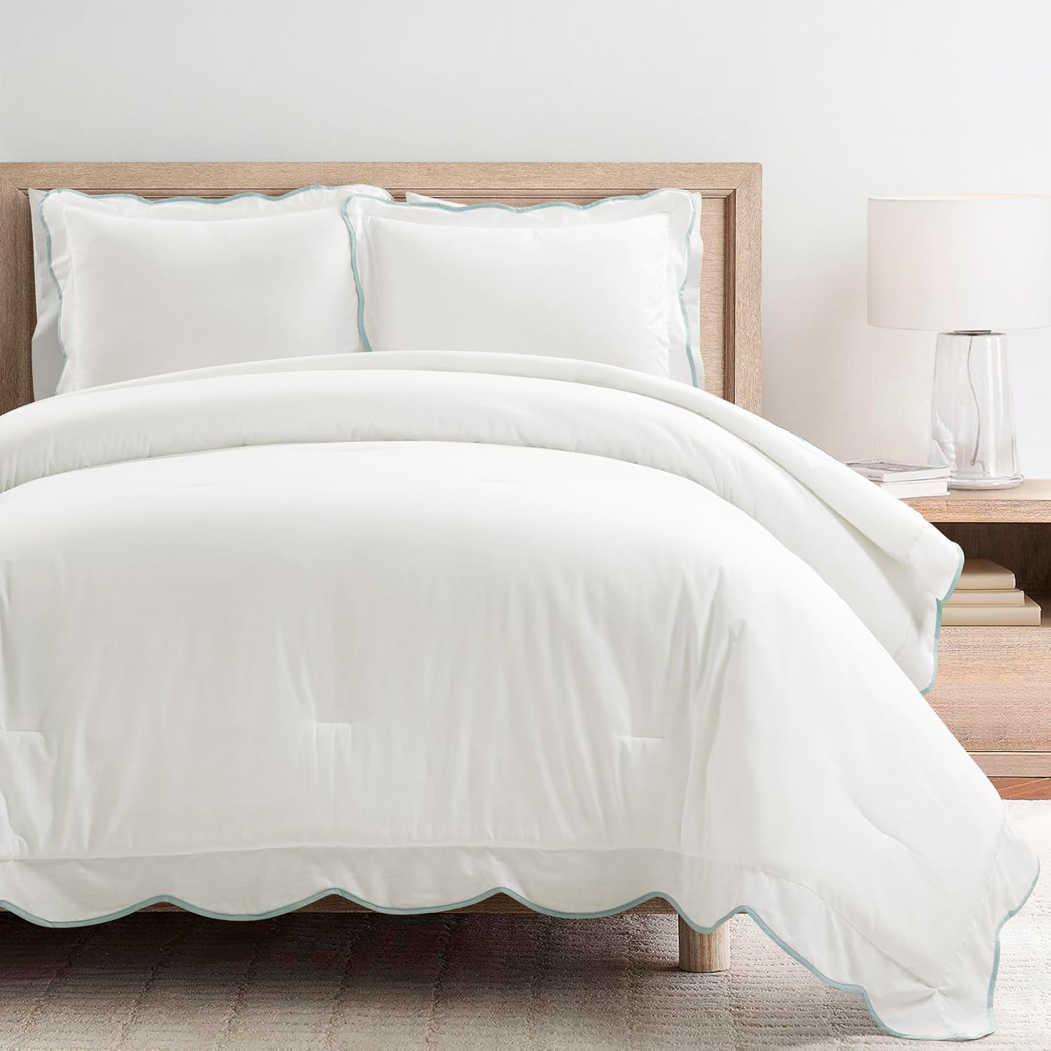 Lush Decor Coastal Chic Scalloped Edge Comforter Set, 3 Piece Set Full/Queen, Blue & White - Queen Bedding Set - White Comforter - Coastal Decor