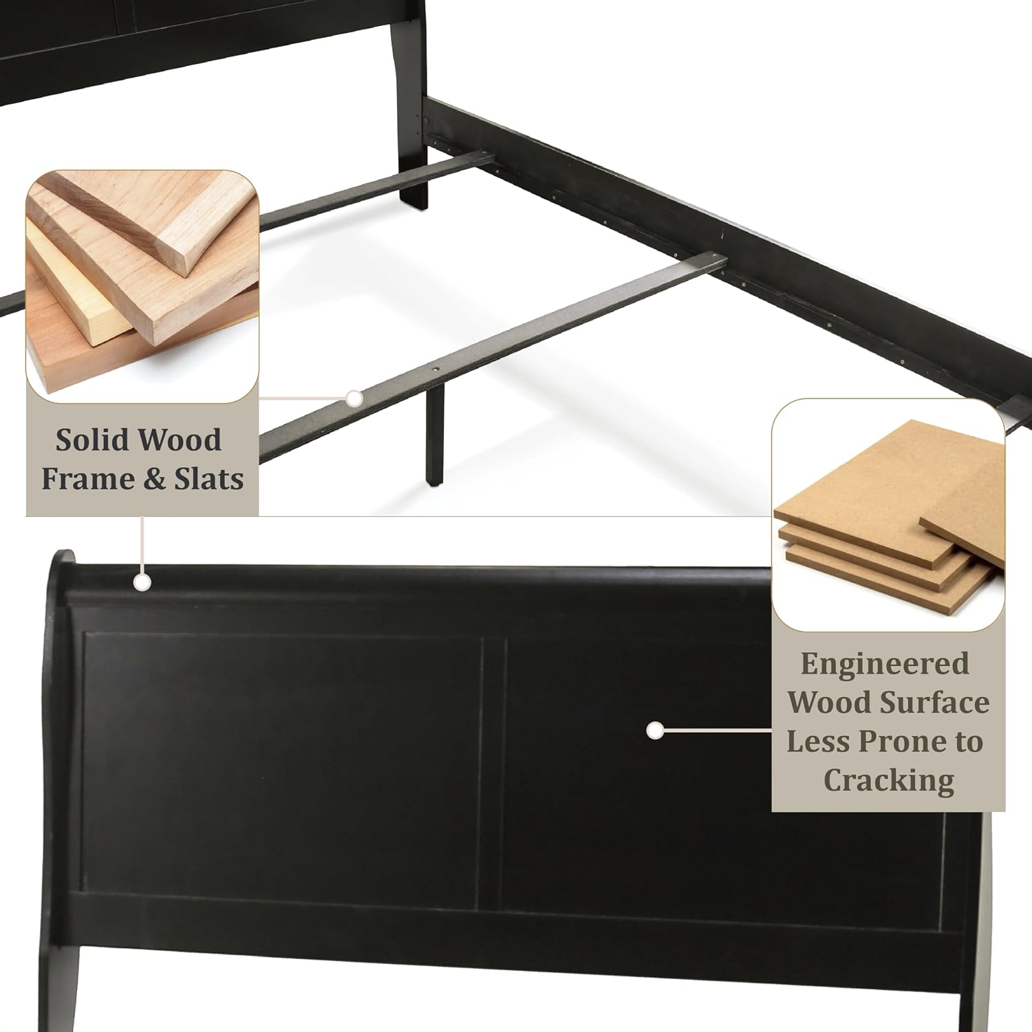 Furniture of America Louis Philippe Traditional Wood King Bed Frame with Headboard and Footboard, Elegant Sleigh Design Bedframe for Bedroom, Guest Room, Easy Assembly, Box Spring Required, Black