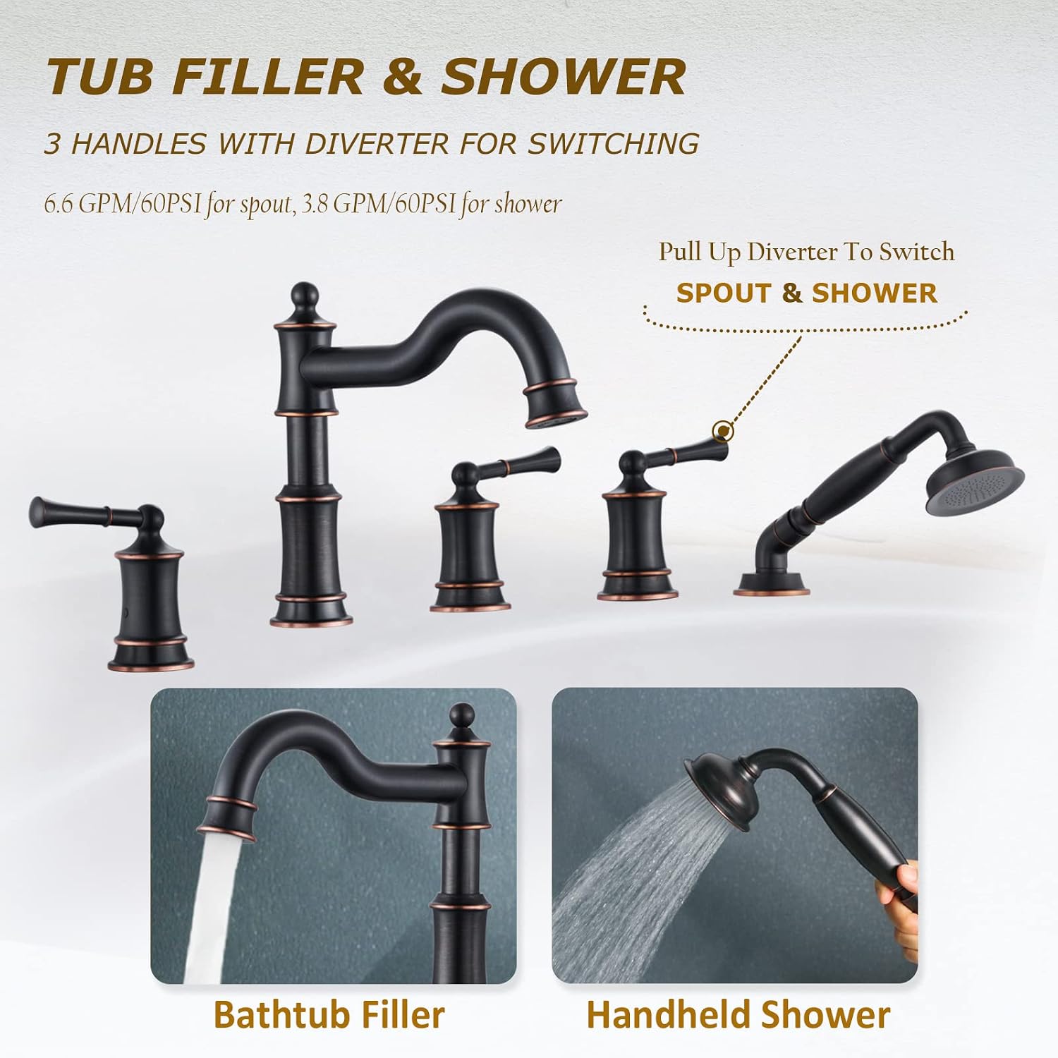 Roman Tub Faucet Set With Handheld Shower 5 Hole Deck Mount Tub Filler With Diverter, 3 Lever Handle Rough-in Valve and Water Supply Lines Included for Bathroom Tub, ORB