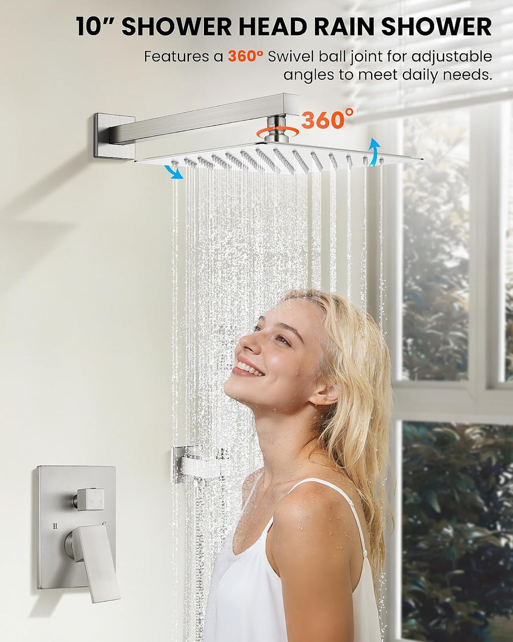 gotonovo Shower System with Tub Spout,Waterfall Tub Shower Faucet Set for Bathroom Head and Handle Set Wall Mounted 3 Function Rough-in Valve and Trim Included 10 inch Shower Head Brushed Nickel
