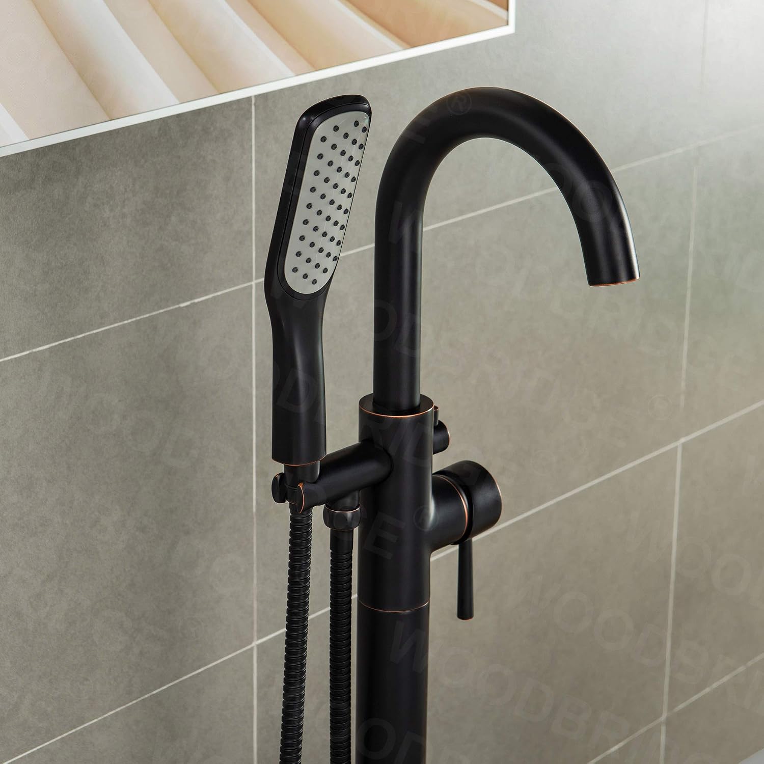 WOODBRIDGE 59' Freestanding White Acylic Soaking Bathtub with Drain Kit and Floor Mount Tub Filler in ORB,BTA1509-ORB-Drain &O+F0010ORBSQ, Oil Rubbed Bronze