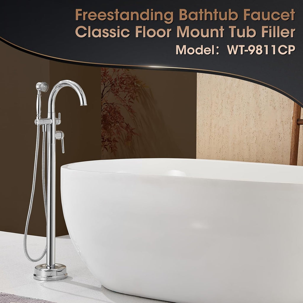 Free Standing Bathtub Faucet Brass Bathtub Faucets High Flow Soaker Tub Faucet with Vintage Handheld Sprayer Polished Chrome