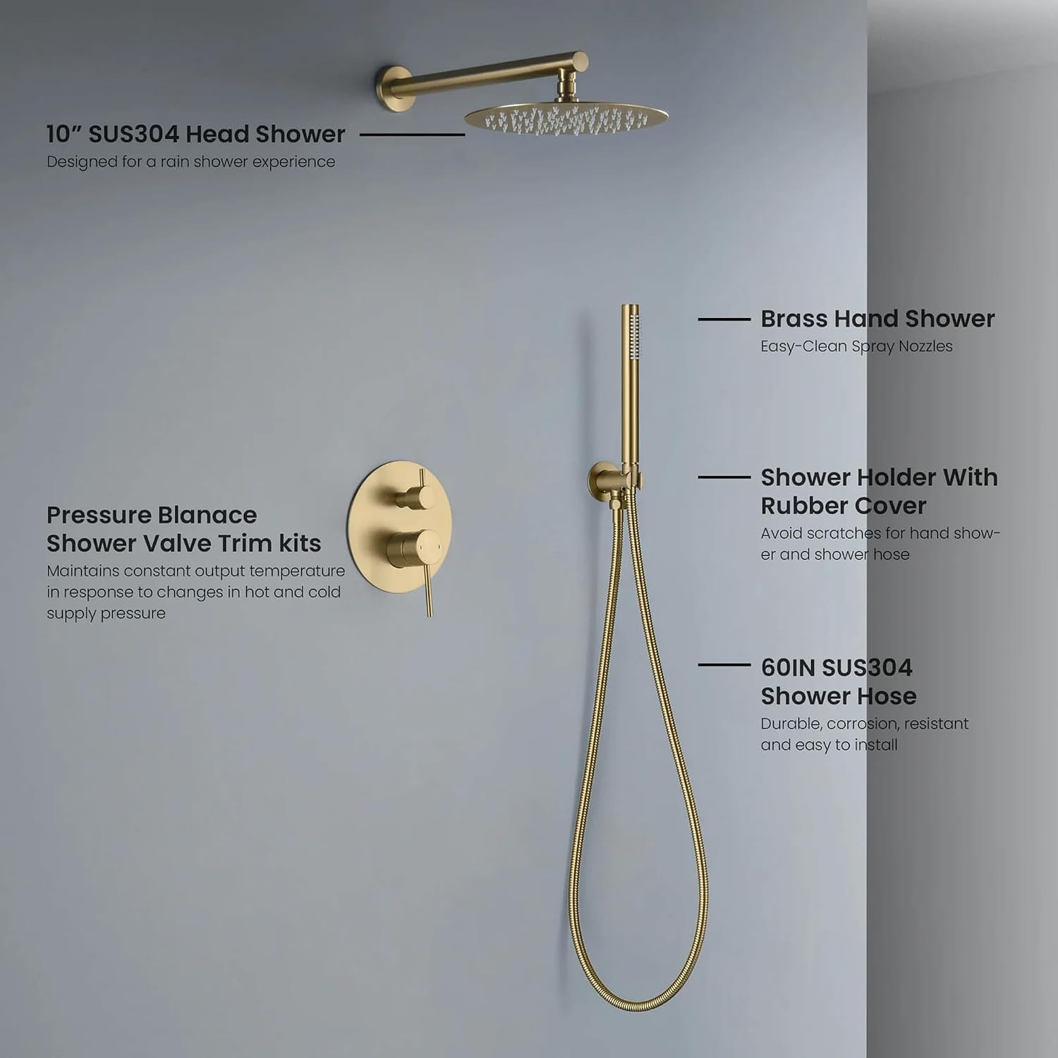 KIBI Circular Bathroom Shower System | 2-Function Wall Mounted Shower Faucet Set | Solid Brass Pressure Balanced Valve Construction | Durable and Leak-Free | Brushed Brass Finish (KSF403)