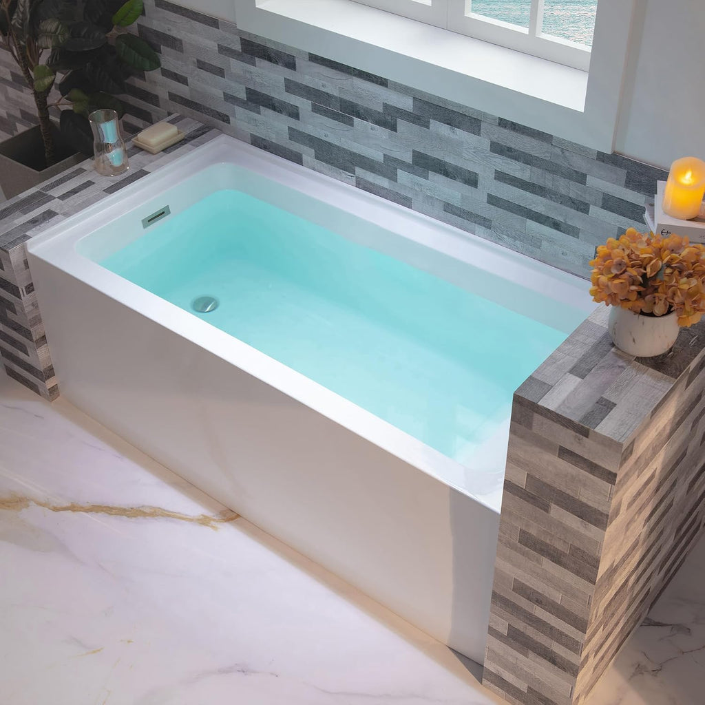WOODBRIDGE 60' Acrylic Rectangular Alcove Soaking Bathtub in White with Left Drain, Brushed Nickel pop-up Drain Included, LB428-L