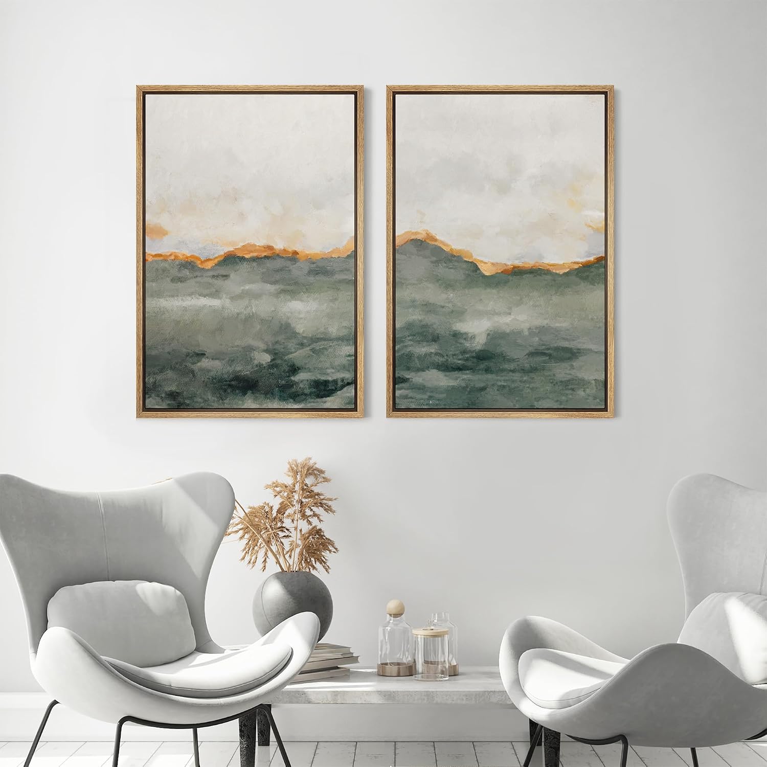 MUDECOR Framed Canvas Print Wall Art Set Gold Gray Pastel Watercolor Stroke Abstract Shapes Illustrations Modern Art Decorative Bohemian Calm/Zen for Living Room, Bedroom, Office - 24'x36'x2 Natural