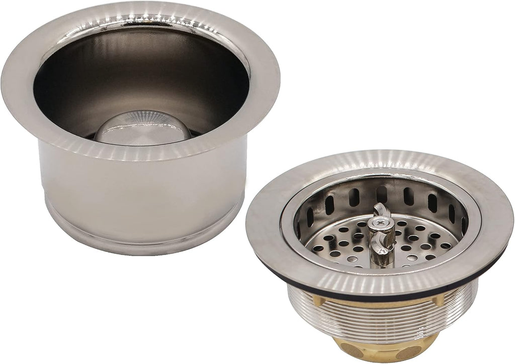 Westbrass CO2195-07 COMBO PACK 3-1/2' Wing Nut Twist Style Large Kitchen Sink Basket Strainer and Extra-Deep Collar Kitchen Sink Waste Disposal Flange with Stopper, Satin Nickel