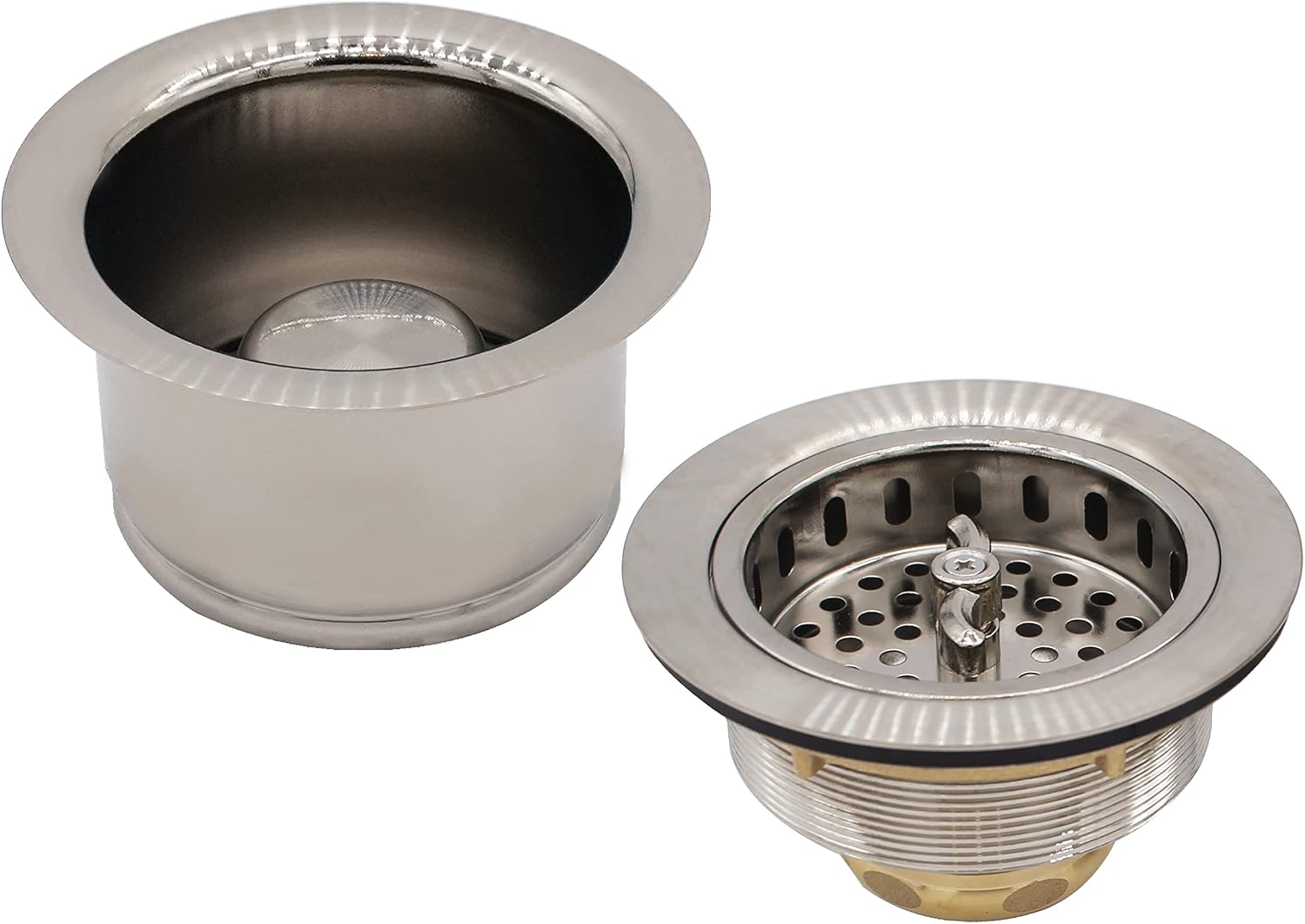 Westbrass CO2195-07 COMBO PACK 3-1/2' Wing Nut Twist Style Large Kitchen Sink Basket Strainer and Extra-Deep Collar Kitchen Sink Waste Disposal Flange with Stopper, Satin Nickel