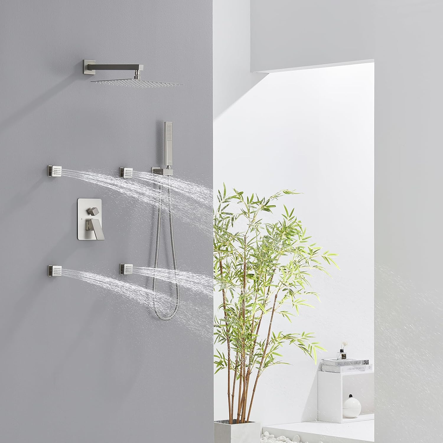 Iriber Brushed Nickel Square Rain Shower System with 4 PCS Body Jets 3 Function Shower Faucet Set Wall Mounted Pressure Balance Shower Trim Kit (Valve Included)