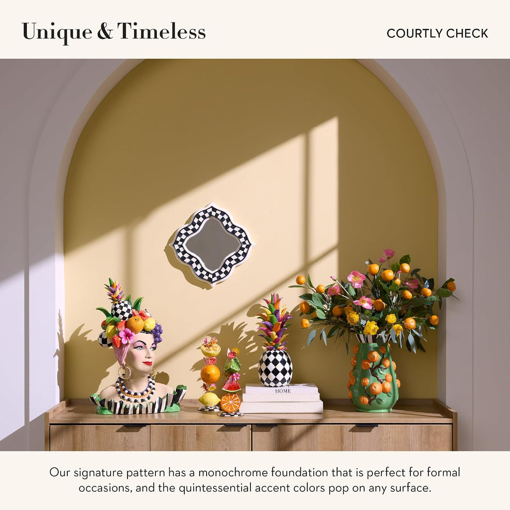 MACKENZIE-CHILDS Quatriflower Small Wall Mirror, Diamond Mirror Wall Decor, Black-and-White Courtly Check