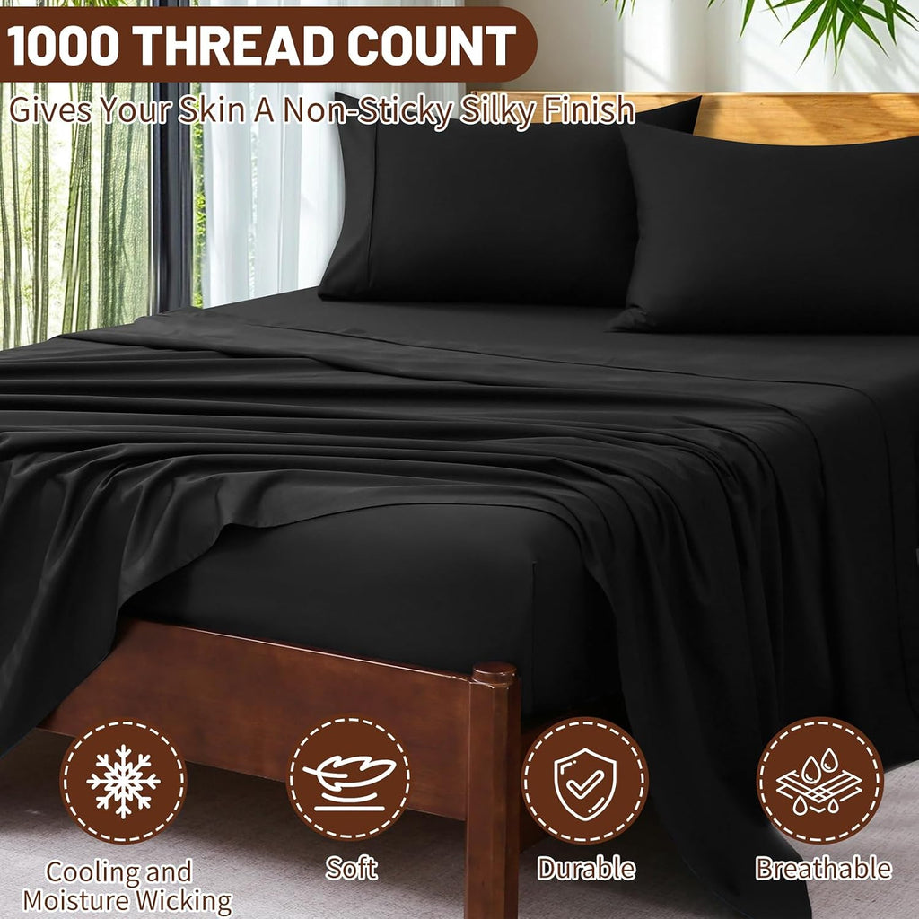 Extra Deep Pocket California King Sheets 18-24 Inch 100% Egyptian Cotton 1000 Thread Count Sateen Weave Soft Breathable 4 Pieces（Cal King,Black）