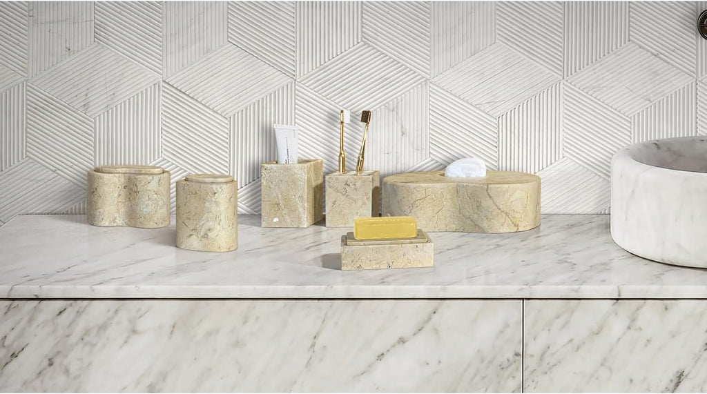 Natural Marble Bathroom Accessories Set, Beige Gold - 6-Piece Set for Modern Home Decor