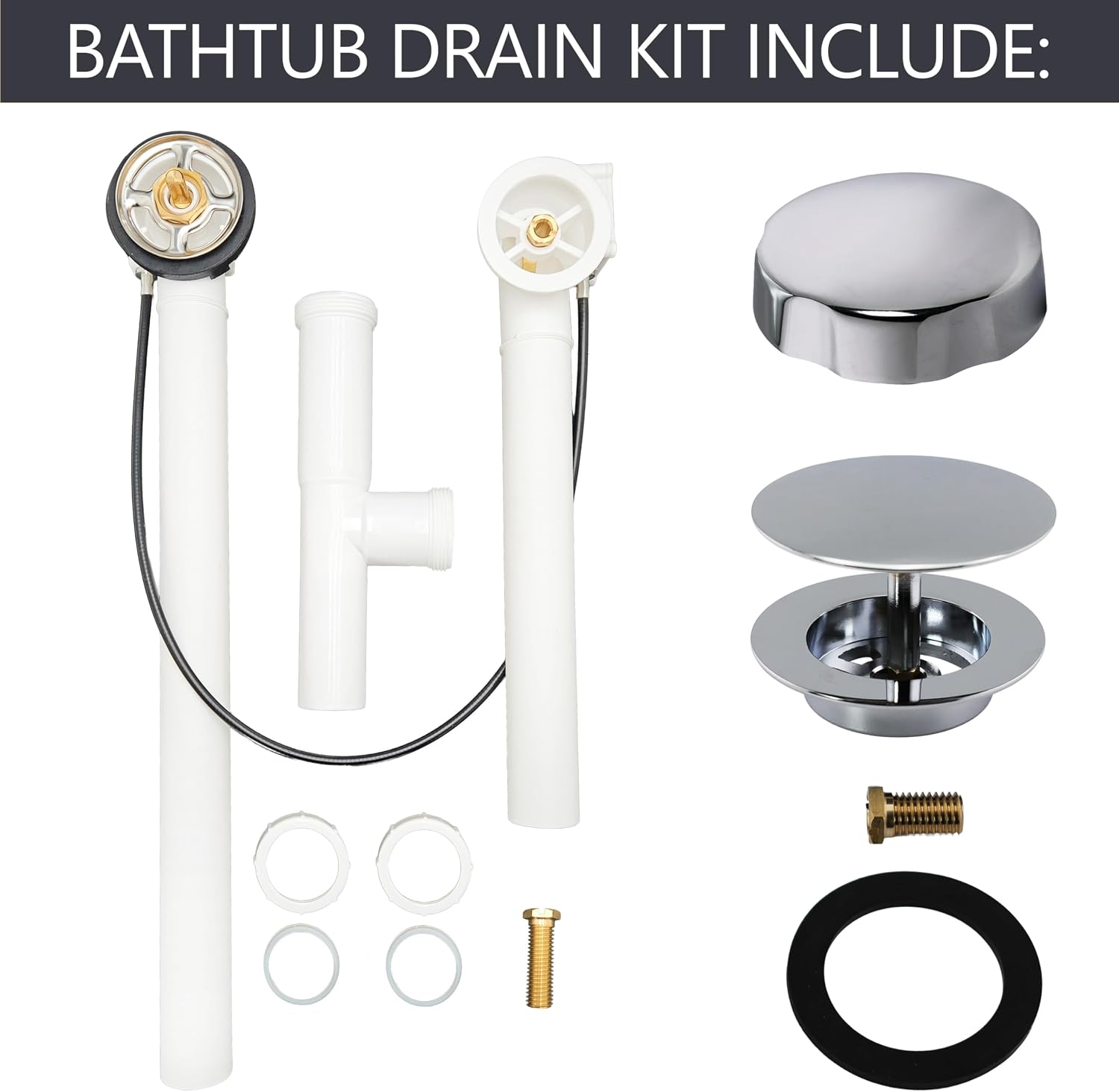 Westbrass D50P27TLE-26 27' Cable Drive Standard Bath Drain Trim Kit with Rotary Overflow Cover Knob, Pop-Up Stopper and Poly Tubular Pipes & Fittings, Polished Chrome (4-Pack)