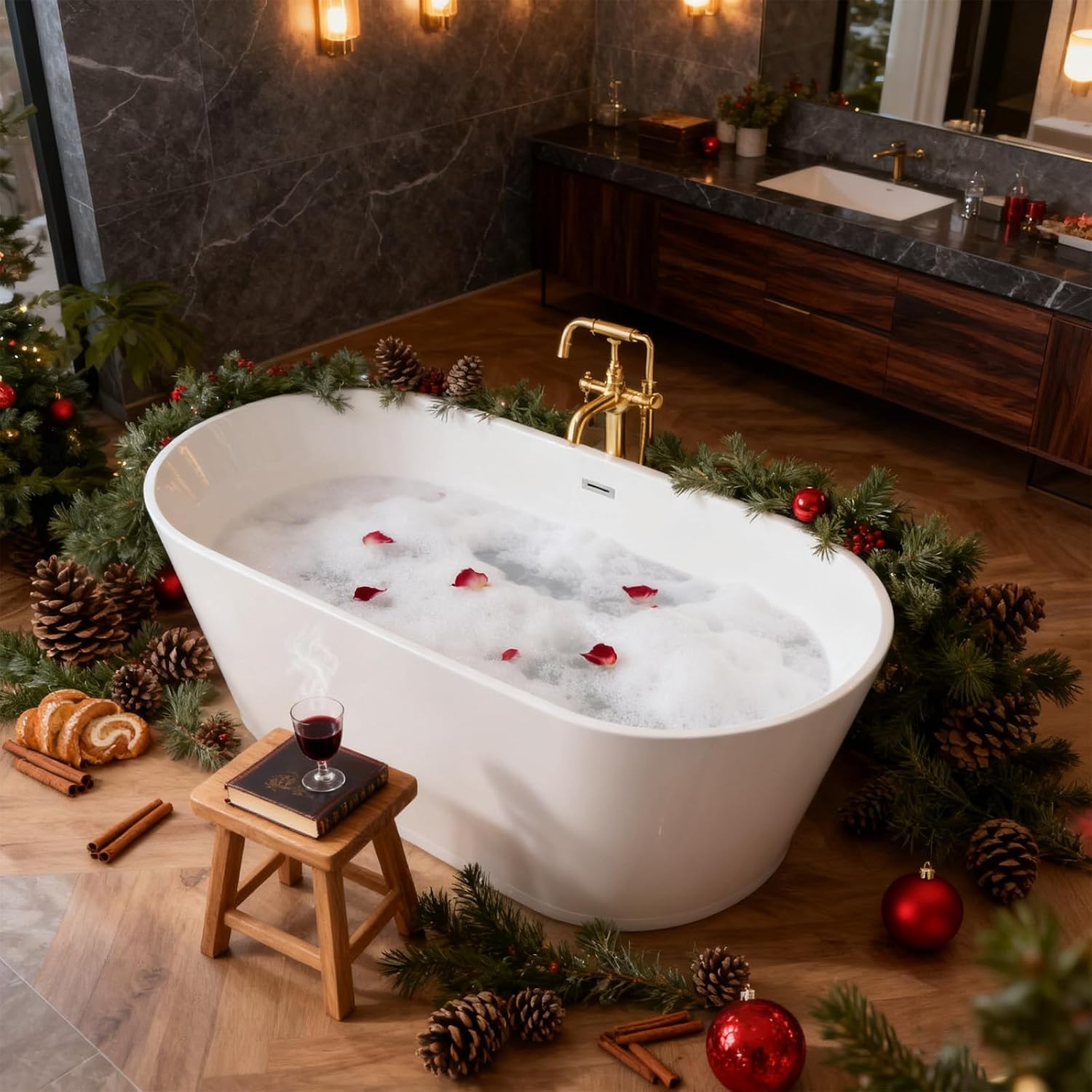 55' Oval Freestanding Soaking Bathtub with Toe-Tap Chrome Drain, Stand Alone Tub, Acrylic Soaking Tub, Ergonomic (Gloss White, 55')