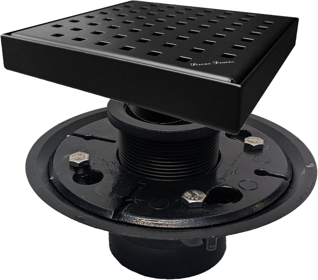 SereneDrains 304 Stainless Steel 6 Inch Square Matte Black Shower Drain Kit with Base Square Design for Tile Floor Drain Grate Cover Hair Catcher Trap Strainer Filter (Matte Black, ABS Plastic)