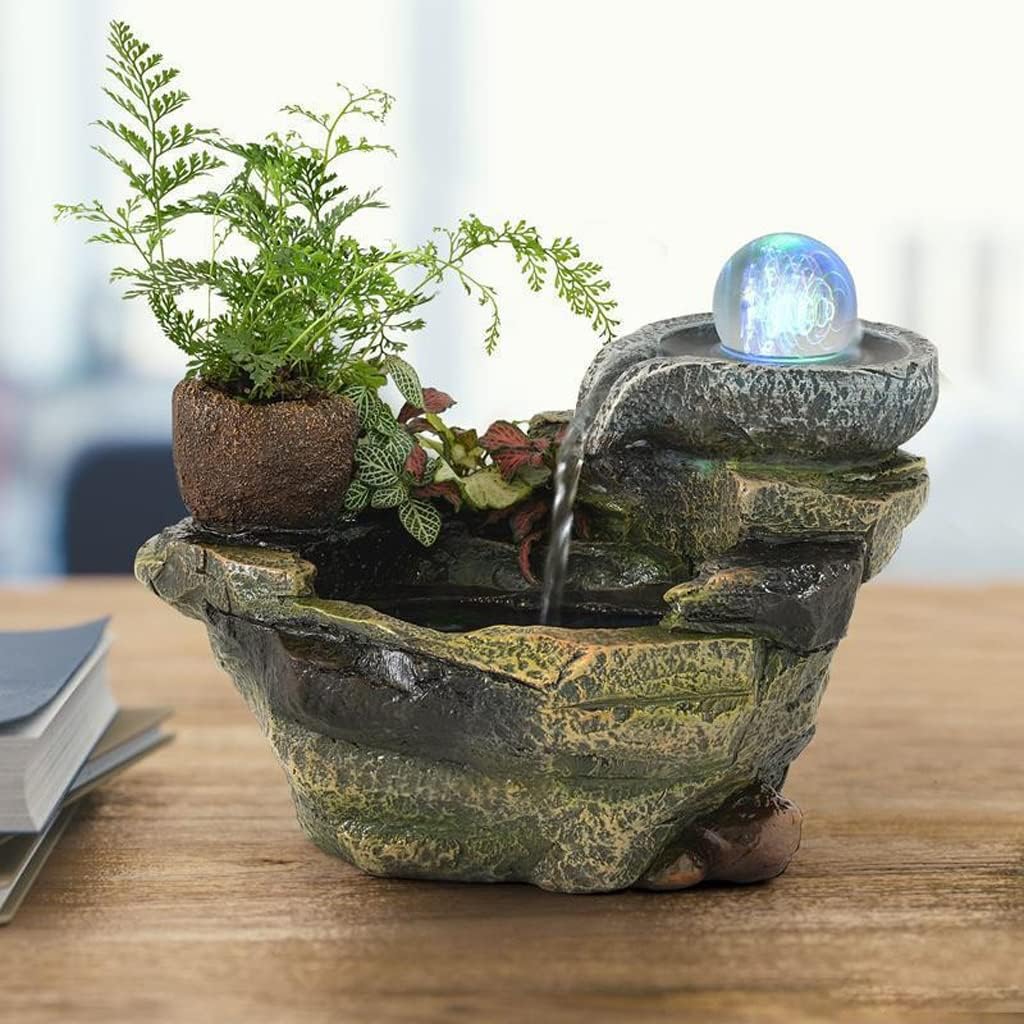 Tabletop Indoor Water Fountain Indoor Tabletop Fountain with LED Lights & Automatic Pump Waterfall Feature for Home Office Bedroom Desk Decoration Natural Waterfall for Home Décor(B)