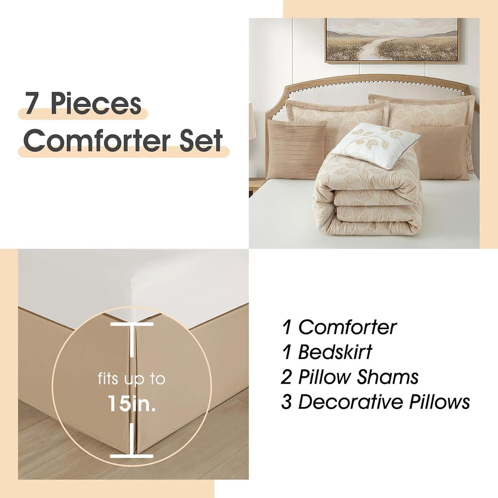 LANCO MODERN LIFESTYLE 7 Pieces Beige Gold Comforter Set, Queen Size, Jacquard with Matching Solid Microfiber Piecework, 3D Leaves Texture Design, Includes Bed Skirt, Shams, and Decorative Pillows