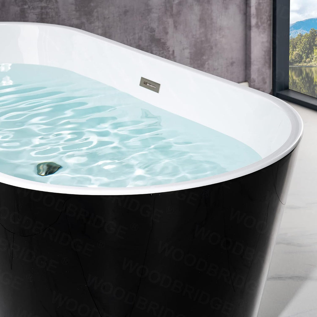 WOODBRIDGE 59' Acrylic Freestanding Bathtub Contemporary Soaking Black Tub with Brushed Nickel Overflow and Drain,B1814 BN