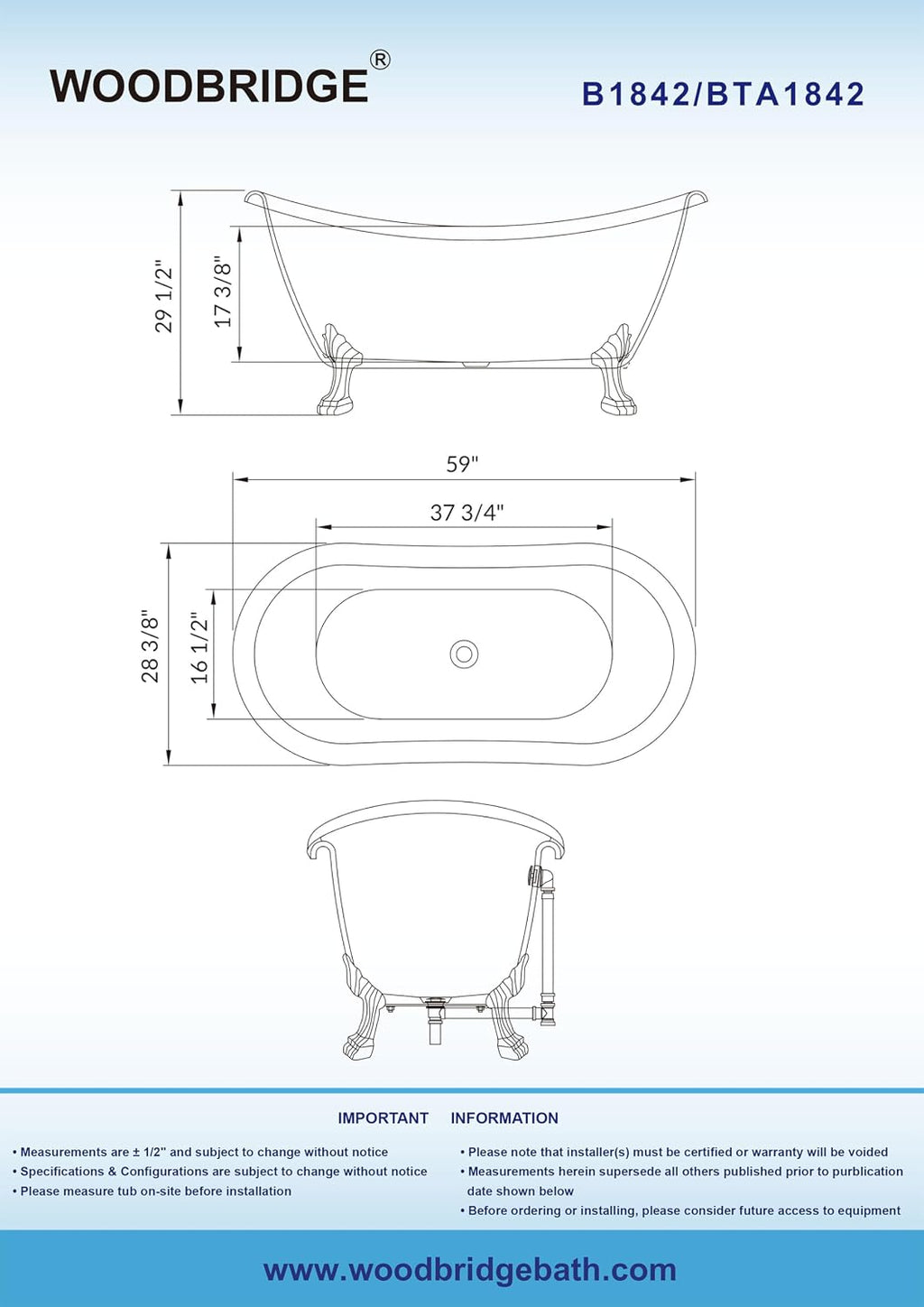 WOODBRIDGE 59' Heavy Duty Acrylic Double Slipper Clawfoot Bath Tub with Chrome Feet + Chrome Drain &Overflow