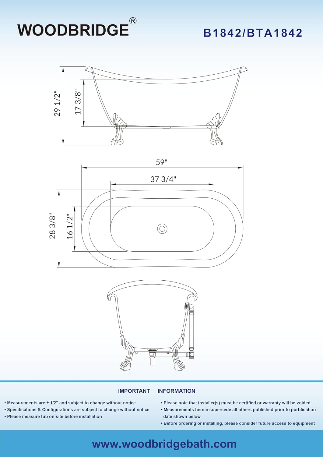 WOODBRIDGE 59' Heavy Duty Acrylic Double Slipper Clawfoot Bath Tub with Chrome Feet + Chrome Drain &Overflow