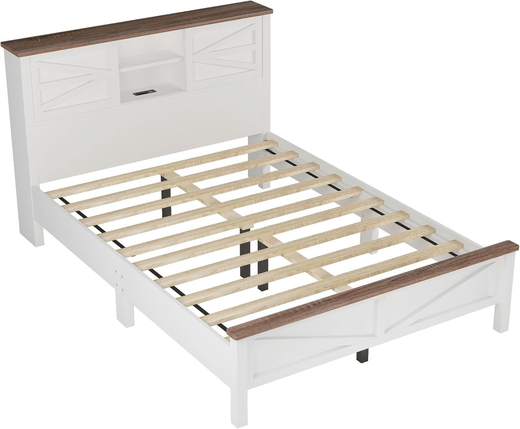 3-Pieces Bedroom Sets, Queen Size Farmhouse Platform Bed with Cabinet and Nightstand, Wood Bedroom Furniture Set with Storage Headboard, No Box Spring Needed (White+Brown/78)