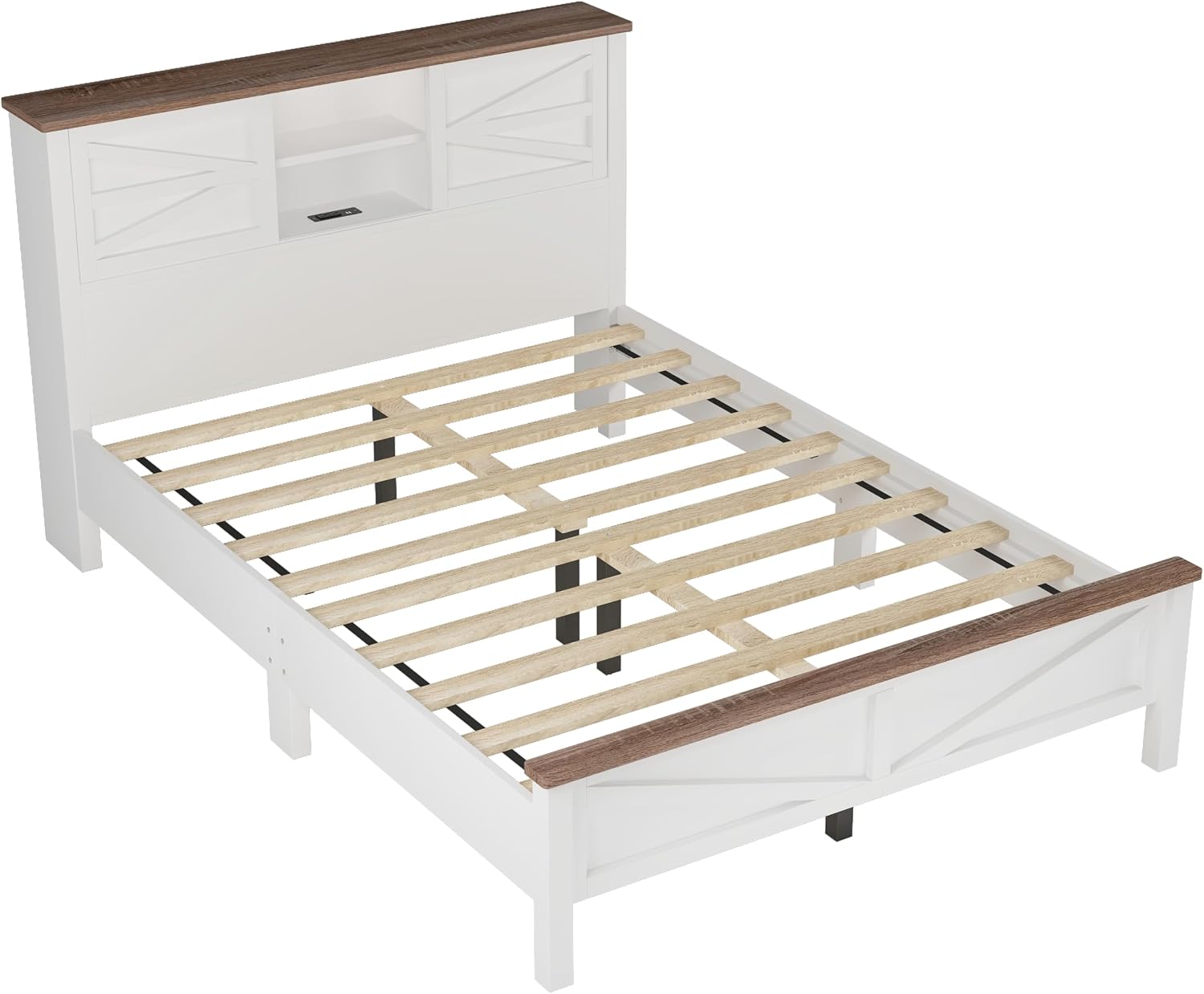 3-Pieces Bedroom Sets, Queen Size Farmhouse Platform Bed with Cabinet and Nightstand, Wood Bedroom Furniture Set with Storage Headboard, No Box Spring Needed (White+Brown/78)