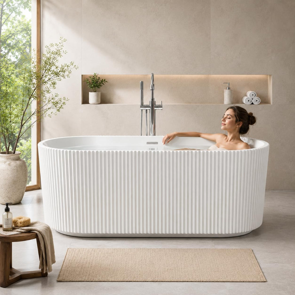 59' Acrylic Freestanding Soaking Bathtub, Deep Ergonomic Design with Lumbar Support, Integrated Overflow Drain, Non-Slip Base,cUPC Certified Modern Bathroom Tub, Easy Installation for Bathroom